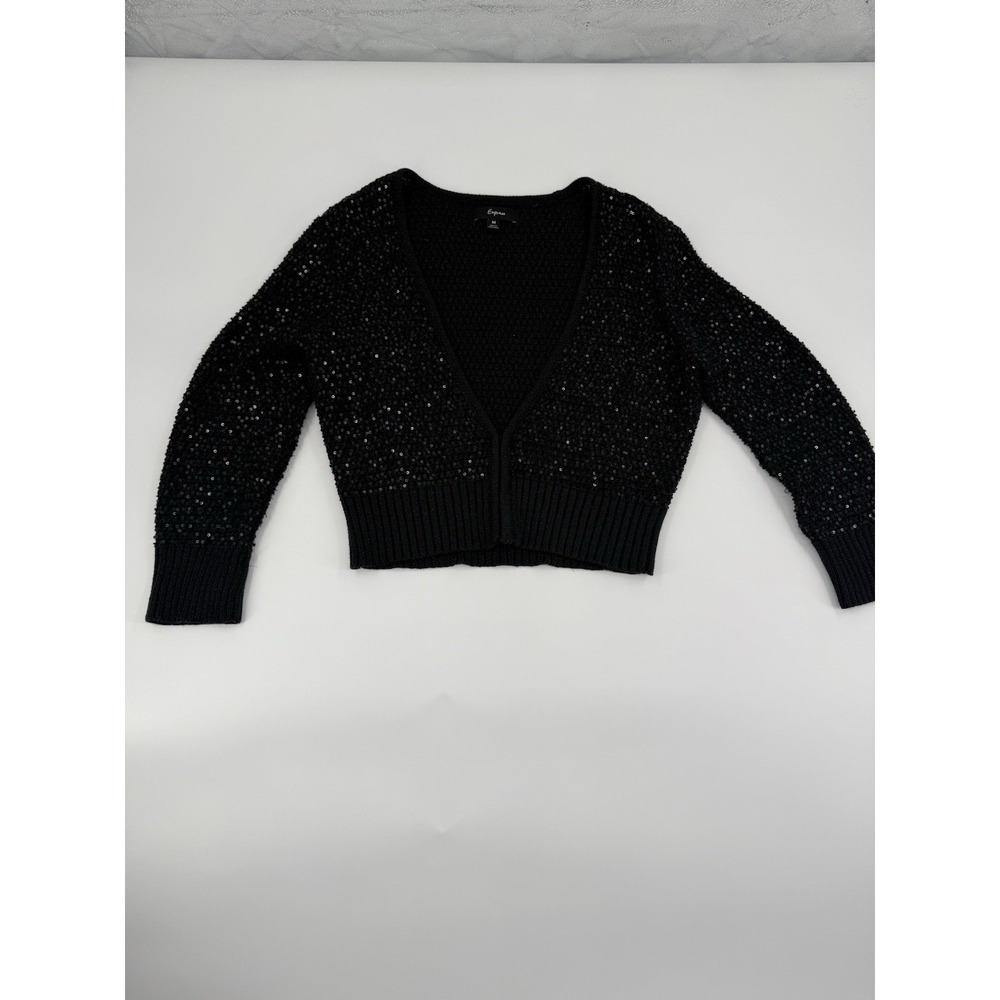 Express Women's Black Cardigan with Metallic Sequin Shimmer Size Medium - Picture 2 of 7